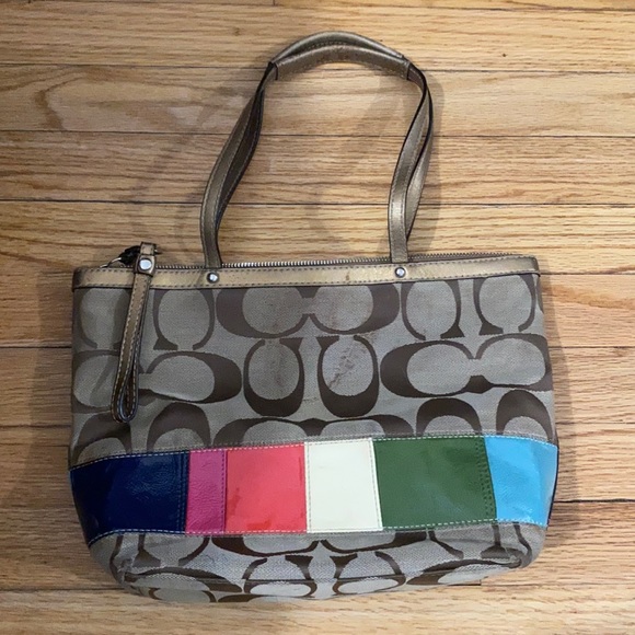 Coach Signature Tan/Multicolor Stripe Zippered Shoulder Tote/Handbag - Picture 2 of 11
